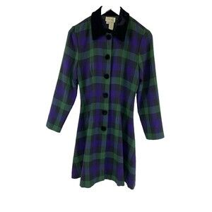 Ambria Vintage Dress Blue Green Plaid Button Velvet Collared Flare Pleat Women 8
